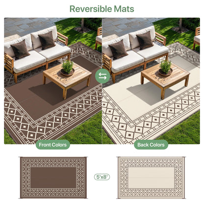 GENIMO Outdoor Rug Waterproof for Patio Decor, 5'x8' Reversible Plastic Straw Rug Carpet, Camping Mat for Outdoor, RV, Backyard, Deck, Balcony, Picnic, Beach, Coffee & Beige