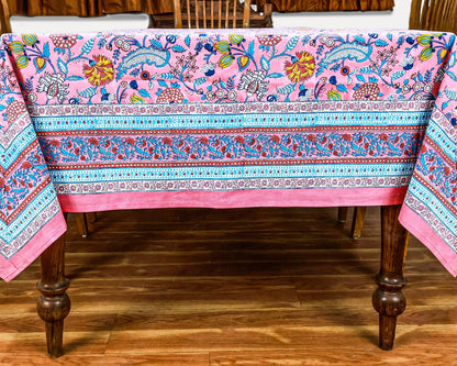 60x60 Inches Square Hand Block Printed Cotton Tablecloth, Pink Blue Floral Table Cloths Washable, Indian Table Linen for Valentine Thanksgiving Gifts Home Decor Dinning Outdoor