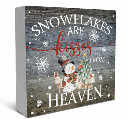 SRADMO Christmas Snowflakes are Kisses from Heaven Wood Box Sign Desk Decor, Winter Signs Box Sign Decoration for Home Office, Snowman Decor Signs Plaques