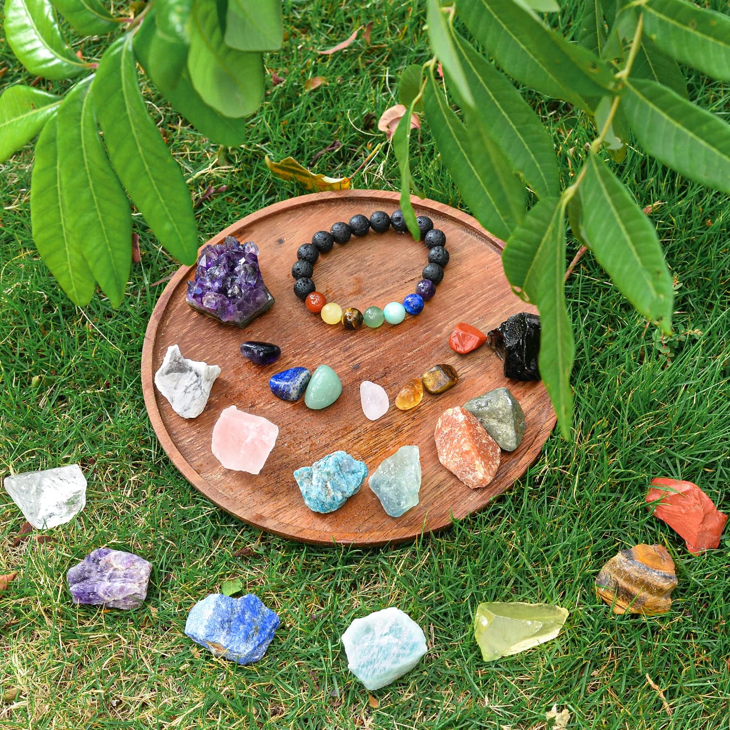 AOOVOO 26 PCS Crystals and Healing Stones, Healing Crystals Gift Set, 7 Raw Chakra Stone, 7 Tumbled Gemstones, Crystal Amethyst Necklace, Selenite Plate, Lava Bracelet, Clear Quartz, Gift Box