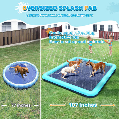Bilibara 107'' Splash Pad for Dogs, Non-Slip Sprinkler for Kids, Square Splash Pad for Kids Ages 4-8, Splash Pads for Toddlers 1-3, Dog Sprinkler Shallow Pool, Outdoor Water Toys for Backyard, Teal