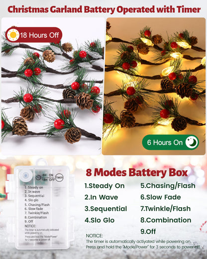 Christmas Garland with Lights,7FT Pinecones Christmas String Lights with Red Berries,Needles,20Led C6 Christmas Lights Battery Operated Prelit Garland for Xmas Decorations Indoor Outdoor