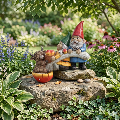 Garden Gnomes and Highland Cow Statue with Mushroom Solar Light, Couple Gnome Figurine for Outdoor Patio Lawn Porch Yard Edge Shelf Sitter Decoration, Garden Knome Holiday Indoor Decor, Love Gift