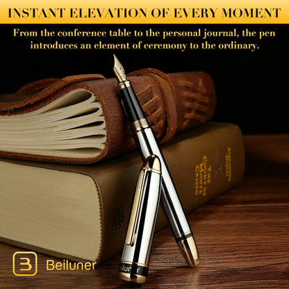 BEILUNER 315 Silver Chrome Fountain Pen,Stunning Luxury Pens with 24K Gold Accents, Gorgeous 24K Gilded Nib(Fine), Ink Converter,Fancy Pen Gift for Men&Women-Elegant, Office, Writing, Nice Design