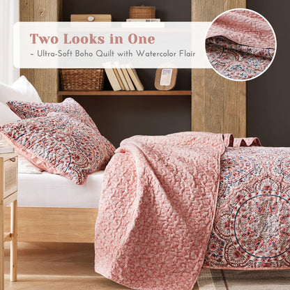 Comfort Spaces Valerie Boho Quilt Set Twin/Twin XL Pink - Soft Reversible Watercolor Medallion Bedding, Lightweight All Season Bedspread for Kids Teens Dorm Guest Room