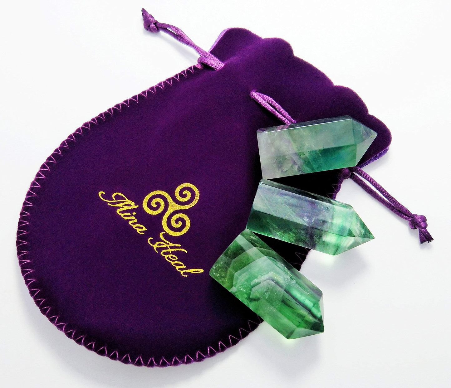 Set of 3 Pointed & Faceted Healing Crystal Wands Made of Natural Green Fluorite Stone for Reiki Chakra Meditation Therapy Décor