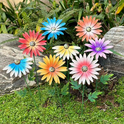 WKHOMEDECO Metal Flowers for Outside, 8 Pack Decorative Garden Stakes with Spring Design, 16.5 Inch Handmade Iron Outdoor Metal Garden Decor, Flickering Daisy Yard Art for Patio Lawn