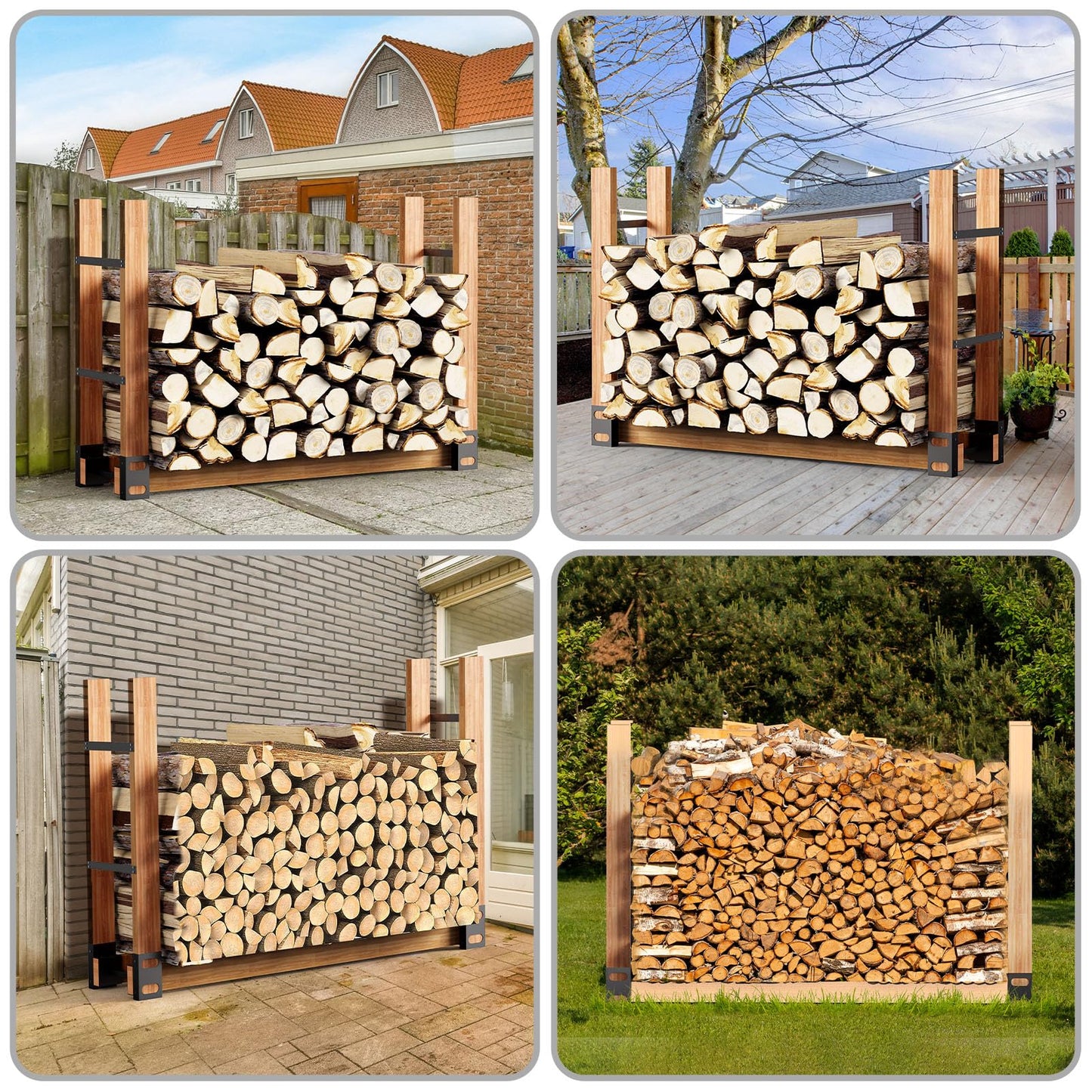 Eibikdi Firewood Rack Outdoor, Adjustable Length Wood Storage Brackets Kit, Log Stacking Stand Holder for Outdoor Indoor Fireplace, Wood Burning Fire Pits, Black, Set of 4