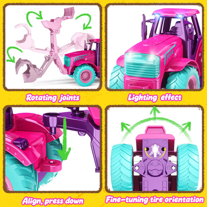 Funwee RC Tractor Toy Set with Light & Sound, Kids Farm Car Animal Trailer Wheels Remote Truck, Outdoor Vehicle Toys for 3-7+ Years Old Toddler Boy and Girl Gift(Rose red)