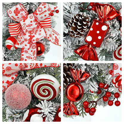 24" Artificial Christmas Wreath with Red Candy Accents, Double Ribbon Bows, Pine Cones & Ornaments, White Cedar Base for Christmas Thanksgiving Winter Holiday Front Door and Wall Decoration