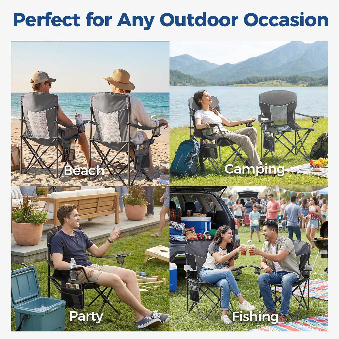 Matrasco Outdoor Camping Chair 2-Pack with Mesh Back, Folding Portable Lawn Chairs with Cup Holder & Side Storage Pocket for Camping, Beach, Picnic, Fishing(Black)