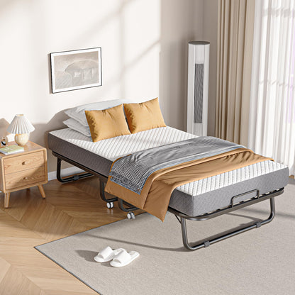 Folding Bed with Memory Foam Mattress, 75" x 31" Cot Size Portable Foldable Bed with Movable Wheels, Space-Saving Sturdy Metal Frame, Twin Rollaway Bed for Adults for Guest Room, Apartment, Camping