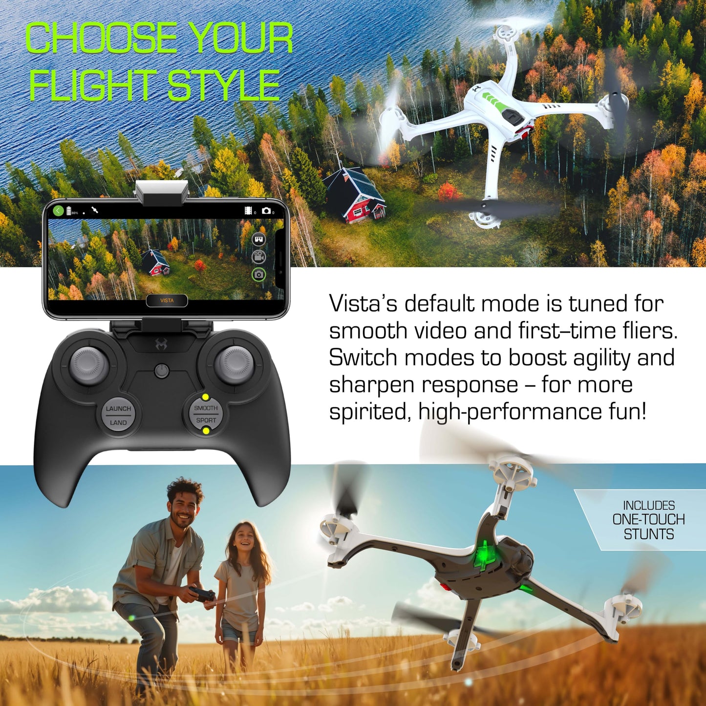 Sky Viper Vista HD Video RC Drone, Stream and Record, Optical Flow, Rechargeable Battery