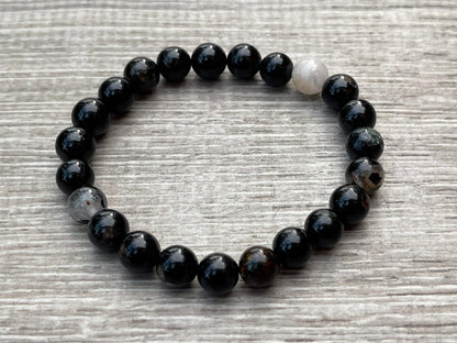 GAF TREASURES Black Tourmaline With Quartz Crystal Bead Bracelet 6-8mm, Genuine Black Tourmaline With Quartz Stretch Gemstone Bracelet, Healing Crystal Bracelet, Gift for Men & Women (1)