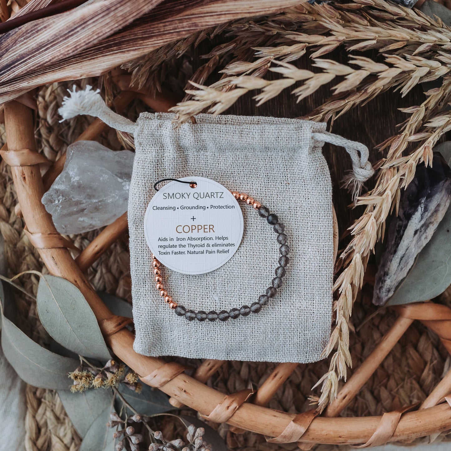 The Blue Yogi Smoky Quartz & Natural Copper Bead Bracelet for Men & Women – Healing Crystal Energy Bracelet for Protection & Positivity