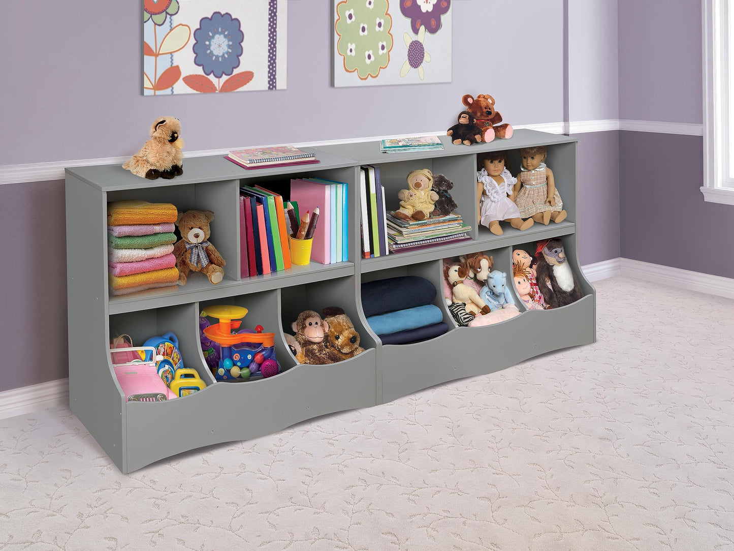 Badger Basket Multi-Bin Storage Cubby for Kids - Toy Organizer with 3 Cubbies, 2 Open Shelves, Display Top for Playroom or Bedroom - Storage Unit for Toys, Books & More - Gray