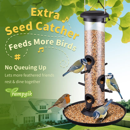 Trampgik Bird Feeders for Outdoors Seed Catcher,6 Port Wild Bird Feeders with Tray,Bird Feeders for Outside Hanging for Cardinal 13 Inch,Black,Pack of 2