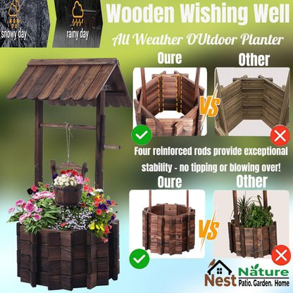 NestNature 21.75" Carbonized Wooden Wishing Well Planter for Outside, Rustic Outdoor Wishing Well with 4 Reinforced Rods & Hanging Bucket, Decorative Well Cover for Yard Garden Patio Lawn Backyard