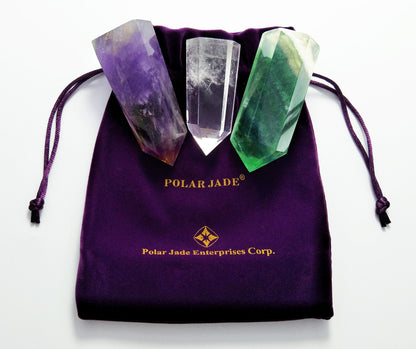 Set of 3 Healing Crystal Wands of 3 Stones: Clear Quartz, Fluorite, Amethyst Pointed & Faceted Prism Bars for Reiki Chakra Meditation Therapy Decor
