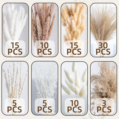 Natural Pampas Grass 8kind Grass Mix Bouquet | Dried Pampas Bouquet for Wedding Boho Flowers Home Table Desk Decor, Rustic Farmhouse Decor (93PCS)