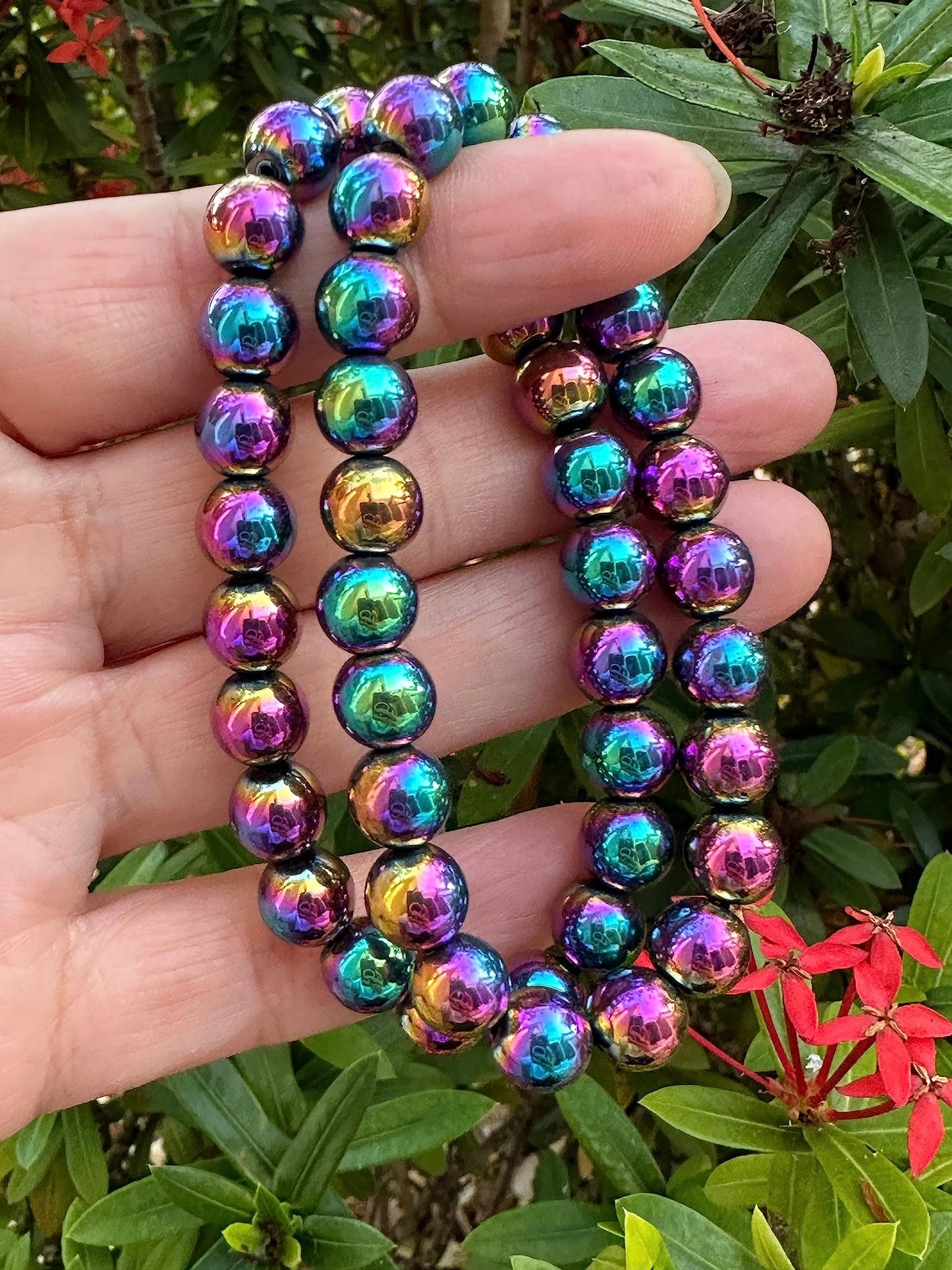 GAF TREASURES Rainbow Hematite Crystal Bead Bracelet 8mm, Genuine Rainbow Hematite Stretch Gemstone Bracelet, Healing Crystal Bracelet, Gift for Men & Women (1)