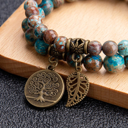 Bivei Natural Semi Precious Gemstone Beads Bracelet for Women - Life Tree and Leaf Charm Chakra Energy Anxiety Stretch Bracelets(Blue Lace Agate Beads)