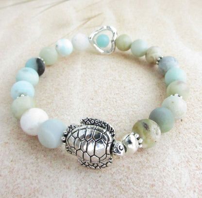 Sea Turtle and Heart Charm Bracelet with Amazonite Stones, Valentines Gifts for Women
