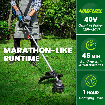 DongCheng Brushless String Trimmer, 6000RPM, 40V Cordless String Trimmer with Comfortable Shoulder Strap, 15" Weed Wacker, 2 x 4.0Ah Batteries & Fast Charger