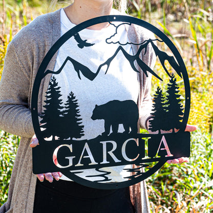 Outdoor Bear Personalized Metal Sign | Cabin Decor | Door Monogram | Rustic Decor | Custom Name Sign