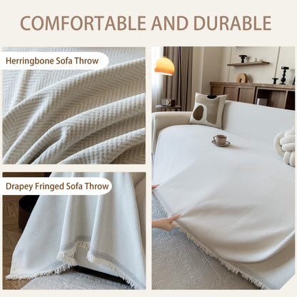 KaviKon Couch Covers for Dogs 3 Cushion, Loveseat Slipcovers Washable, Pet L Shape Sectional Protector, Boho Sofa Blanket Cover, Herringbone Chenille, Cream, 71"x118"