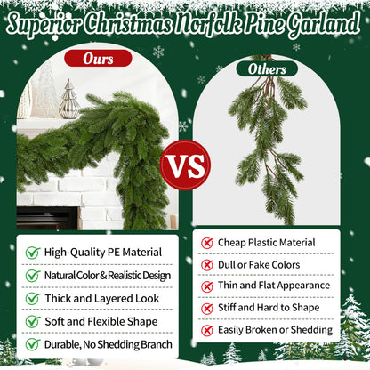 Palonu 1 Pack 9 Ft Artificial Christmas Norfolk Garland, Faux Green Cedar Touch Like Real Pine Needles, Fake Winter Greenery Decoration for Indoor Outdoor Xmas Fireplace Table Mantle Stairs Decor