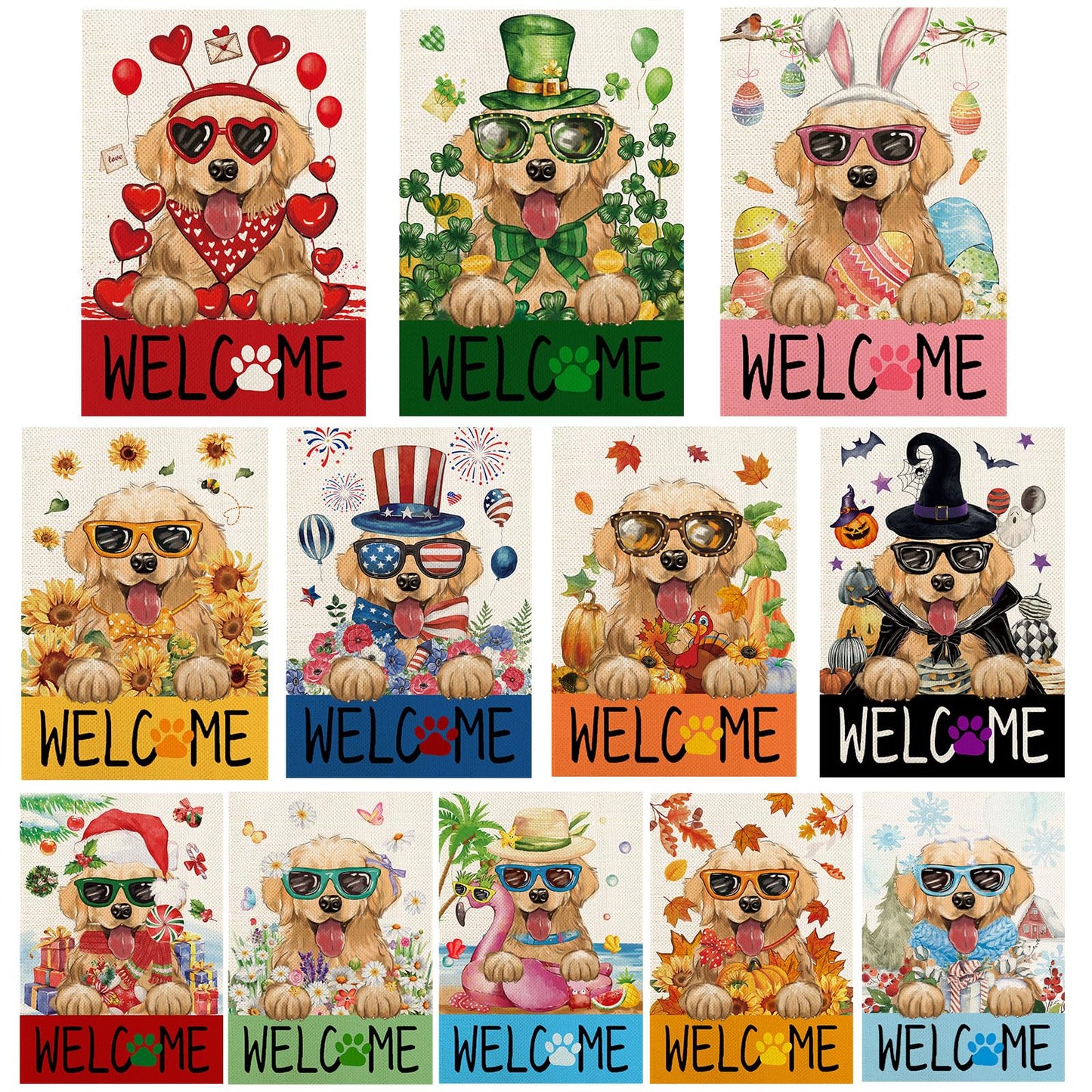 YOVOYOA Golden Retriever Garden Flags for Outside Set of 12, Puppy Dog Welcome Garden Flags 12x18 Double Sided for All Seasons and Holidays, Spring Easter Yard Lawn Flags for Farmhouse Outdoor Decor
