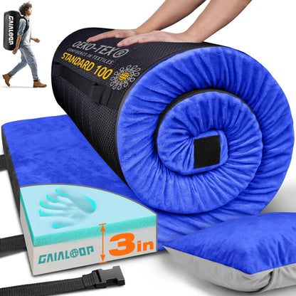 GAIALOOP 3 Inch Memory Foam Camping Mattress, Dual Layer Thick Sleeping Camp Pad for Car Tent Cot, Roll-Up Portable Glamping Floor Bed for Guests Sleepover[Cot: 72 * 24 * 3"]