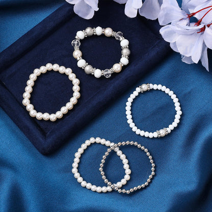 5 Pcs Beaded Stretch Bracelets White Stackable Bracelets Crystal Bead Bracelet Boho Beaded Bracelets Stretch Layering Crystal Stone Beaded Bracelets Trendy Costume Jewelry Gifts for Women
