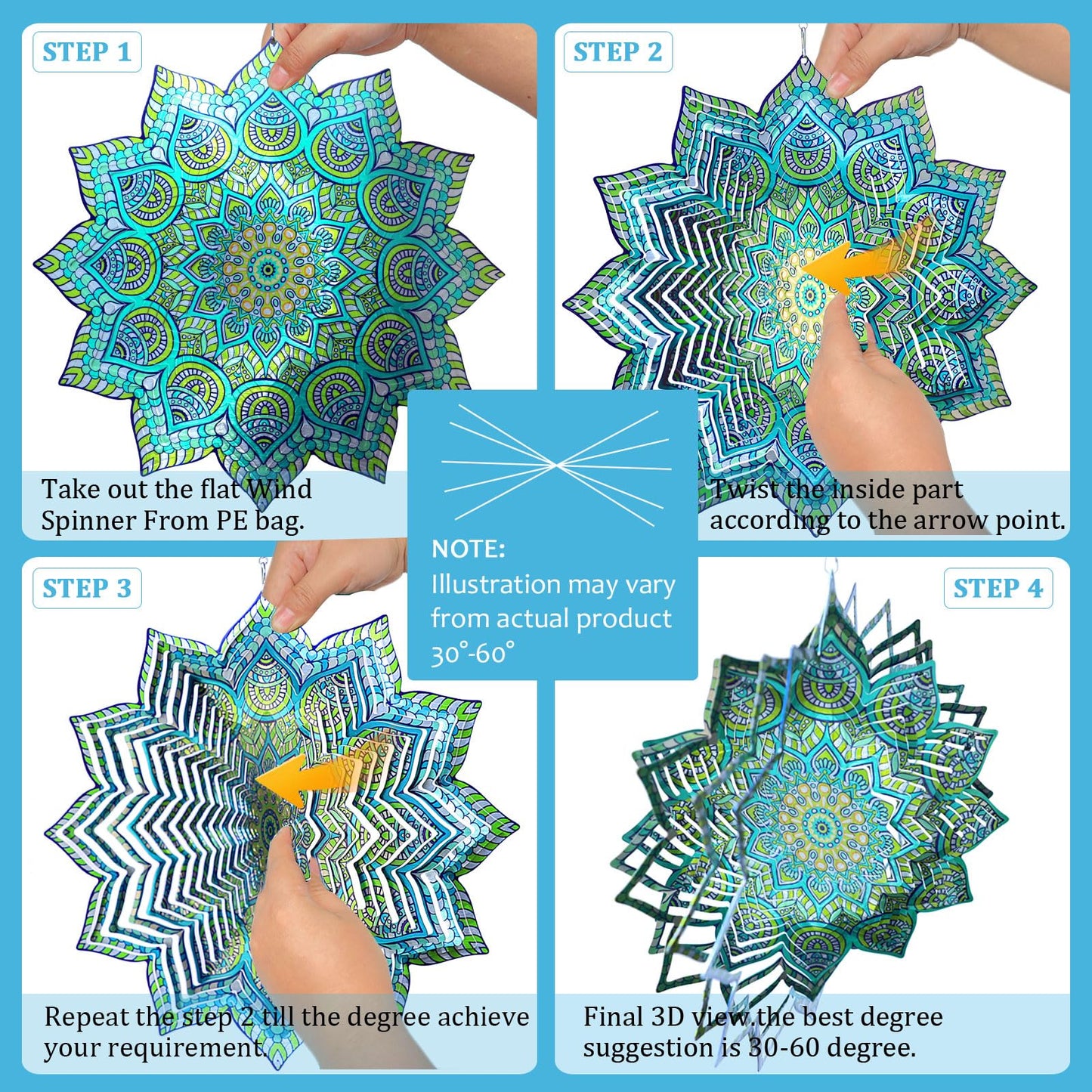 Hippolytusiart Wind Spinner Mandala Peacock Flower for Yard and Garden,12Inch Wind Spinners Outdoor Kinetic Yard Art Decorations,Garden Gifts for Women Mother Mom Father Men,3D Hanging Wind Sculptures