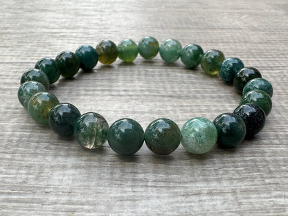 GAF TREASURES Moss Agate Crystal Bead Bracelet 8mm, Genuine Moss Agate Stretch Gemstone Bracelet, Healing Crystal Bracelet, Gift for Men & Women (1)