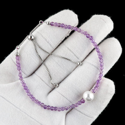 CRYSTALIS Natural Amethyst Beads Slider Bracelet with Elegant Pearl, High Grade Beaded Crystals, Chakra Healing Gemstone, Gift Giving Women Jewelry, 925 Sterling Silver Slider 10 inch