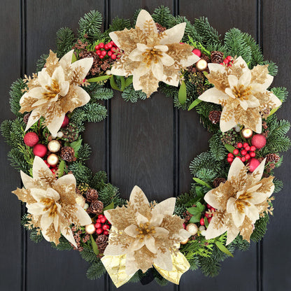 Poinsettia Christmas Decorations Flowers - 12Pcs Artificial Red Gold Poinsettia Christmas Tree Ornaments Glittery for Xmas New Year Wedding Party Wreath DIY Garland Decor (Gold)