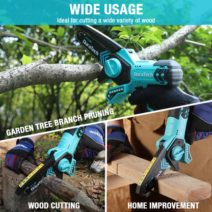 DURATECH 12V Mini Chainsaw, 6 Inch Electric Cordless Chainsaw with 2 Batteries & 2 Chains, One-Hand Operated Portable Wood Saw for Garden Tree Branch Pruning, Wood Cutting