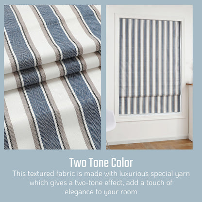 Everyday Celebration Roman Shades - 100% Blackout, Cordless Pull Down, Vertical Stripe Indoor Window Shades, Woven Fabric Blinds - Denim Bleu, 31" W x 64" H