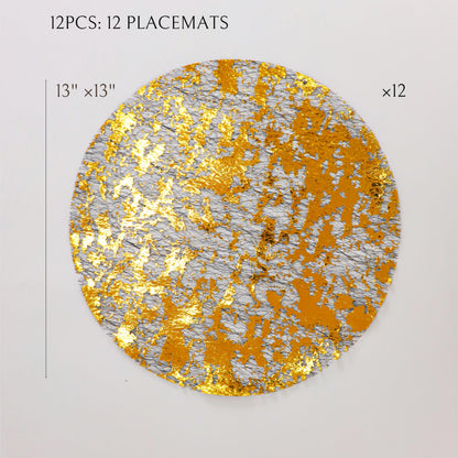 Snowkingdom 12 Pcs Black & Gold Placemats, Round Disposable Metallic Foil Doilies Glitter Mesh Table Mats for Fall Thanksgiving Christmas New Year Dinner Party Holiday Celebration Decorations