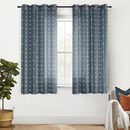 Denim Blue Modern Farmhouse Curtains, Vintage Dusty Blue Grey Chambray Linen Scandinavian Global Inspired Tie Dye Ikat Look Curtains for Living Room Bedroom