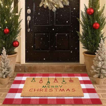 Christmas Door Mat Combo Set - 100% Coco Coir Welcome Mat + 28 x 43 Inch Red and White Plaid Rug, Holiday New Year Christmas Collection Decorative Doormat for Front Porch Entryway Decor
