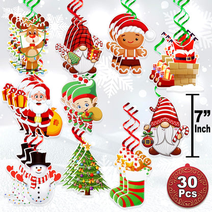 Hanging Christmas Decorations with Foil Swirls | 30 Pcs Holiday Set | Xmas Santa, Snowman, Gingerbread, Reindeer, Gnomes Christmas Designs | Home, Office, School Christmas Party Decorations | BASHOUT