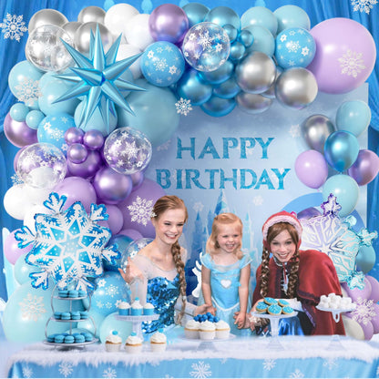 103pcs Winter Wonderland Balloon Garland Arch Kit with Giant 3D Ice Crystal Star & Gradient Snowflake Foils, 18/12/10/5 Inch Metallic Blue Purple Silver Printed Latex for Girls Ice Princess Birthday