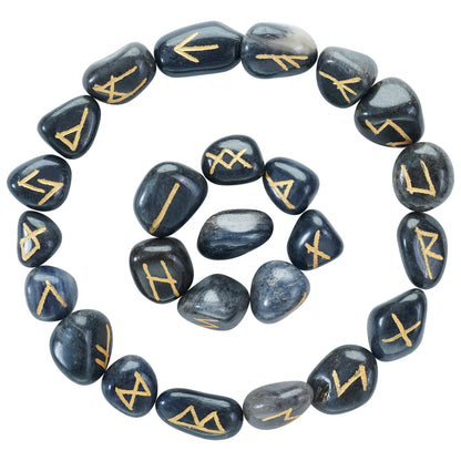 Crocon Blue Jade Rune Stones Set Engraved with Elder futhark Crystal Runes Set Reiki Healing runas for Meditation Chakra Balancing Stone for Beginners Crystal Guide & Pouch 15-20 mm