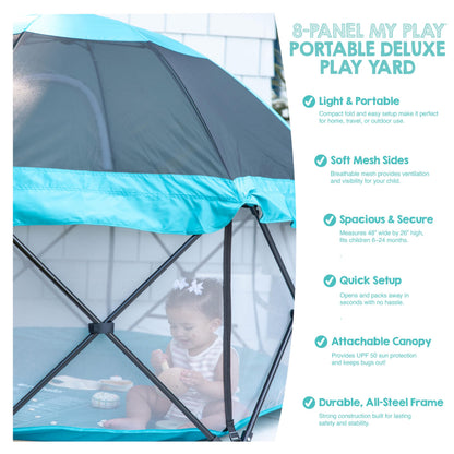 Regalo Safety My Play Deluxe Extra Large Baby Playpen & Portable Play Yard with Canopy, Foldable 8-Panel Indoor Outdoor Playpen for Babies & Toddlers, Mesh Sides, Washable Nylon Bottom, 62", Aqua