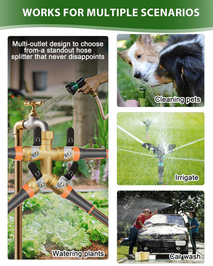 4 Way Hose Splitter, Heavy Duty Brass Garden Hose Splitter, Water Hose Bib Spigot Splitter with 0.59" Full Flow Ball Valve Outlet & Shut-Off Valve 3/4'' Connector Outdoor Water Faucet Adapter