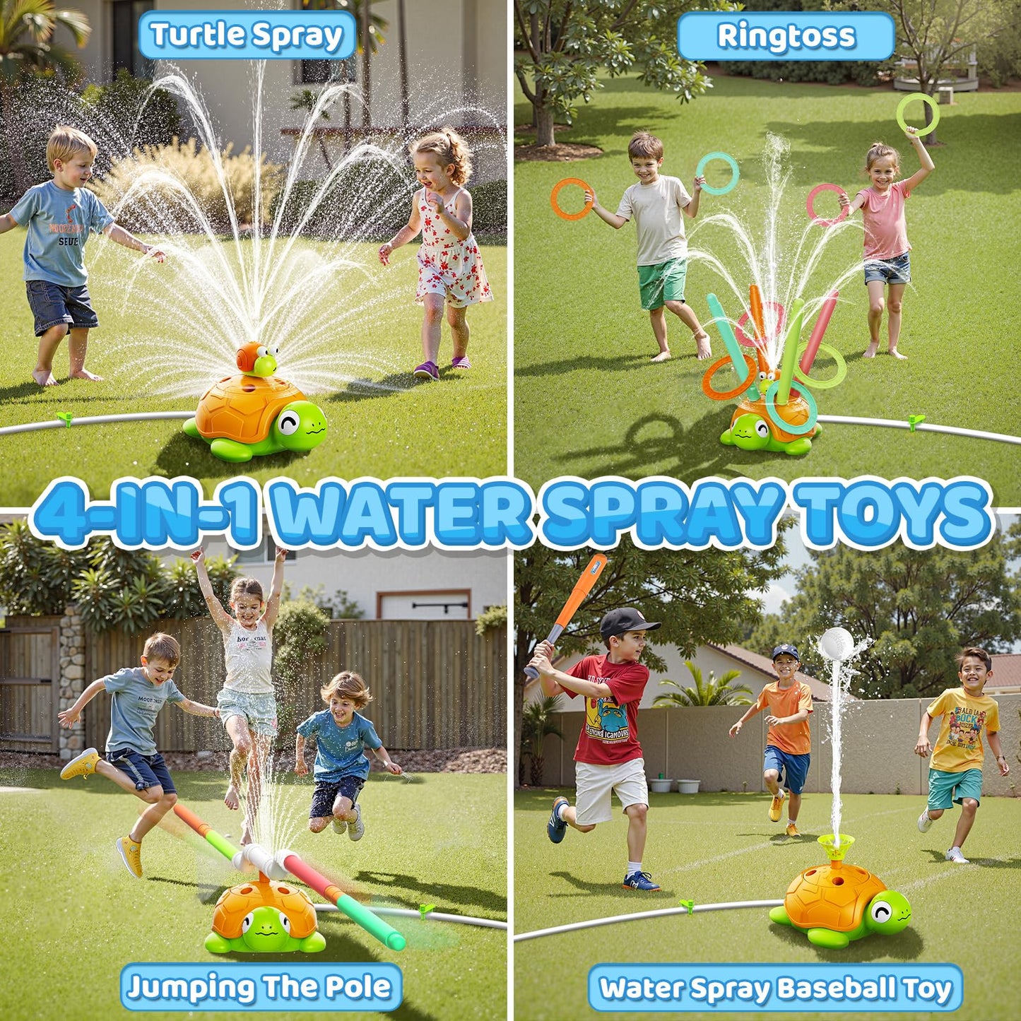 4-in-1 Turtle Water Sprinkler Toys for Kids - Summer Oudoor Toy with Baseball Ringtoss Tubes - Outside Yard Lawn Backyard Park Garden Pool Games for Age 3 4 5 6 7 8 Year Old Toddlers Boys Girls Gifts