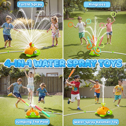 4-in-1 Turtle Water Sprinkler Toys for Kids - Summer Oudoor Toy with Baseball Ringtoss Tubes - Outside Yard Lawn Backyard Park Garden Pool Games for Age 3 4 5 6 7 8 Year Old Toddlers Boys Girls Gifts